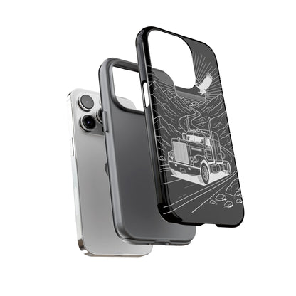 Trucker Highway Phone Case | Eagle & Mountain Line Art | Black Western Tough Case
