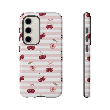 Pink Cherry Stripe Phone Case | Cute Coquette Aesthetic Protective Tough Case