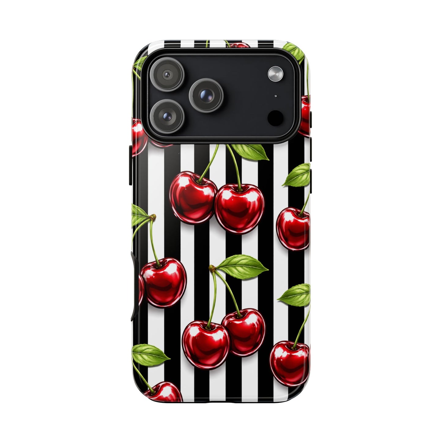 Cherry Pattern Phone Case Black White Stripe Retro Aesthetic Tough Cover