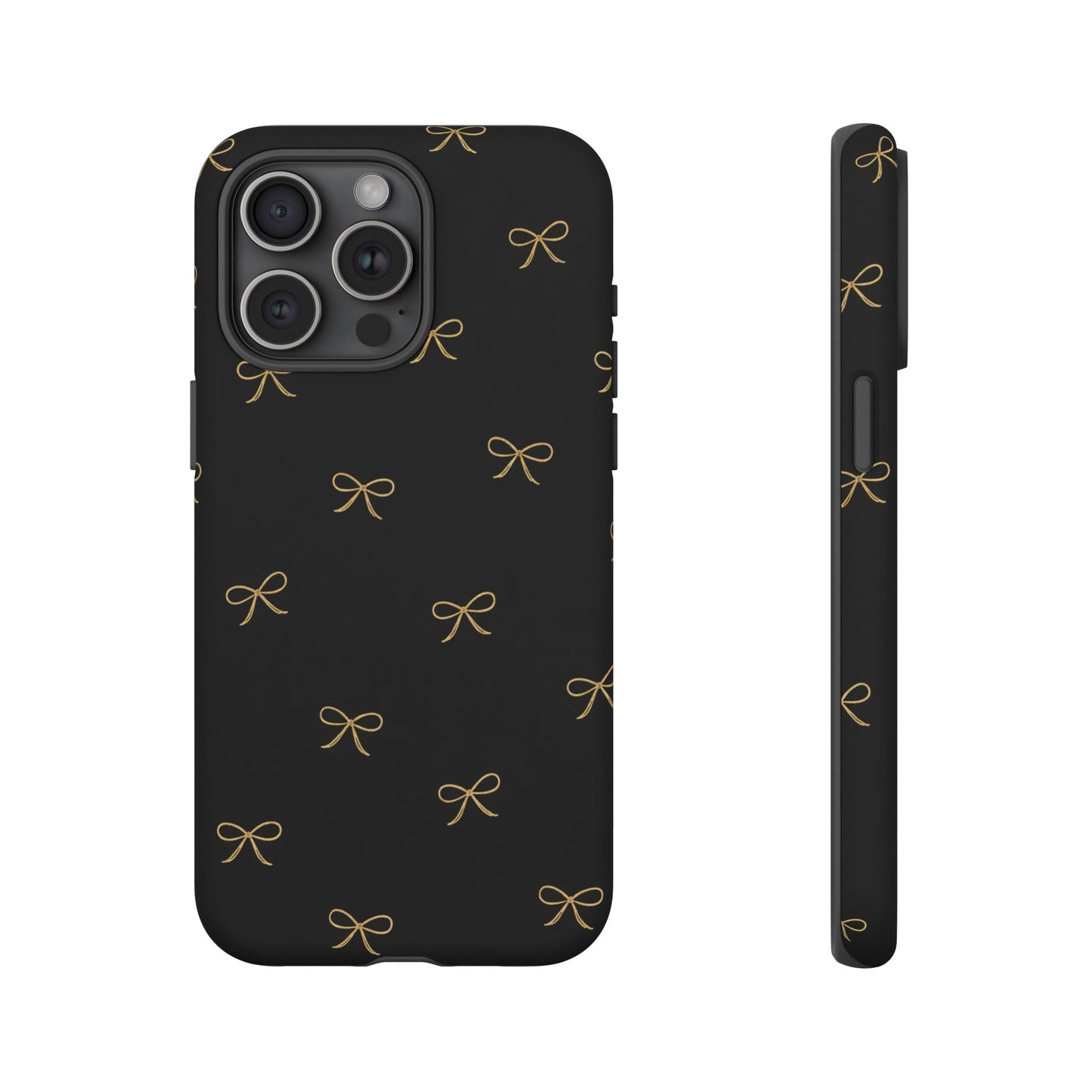 Black Phone Case with Gold Bow Pattern – Slim Protective Cute Aesthetic Cover for Iphone, Samsung Galaxy and Pixel