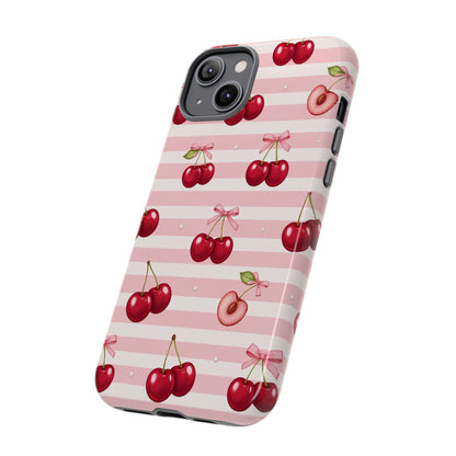Coquette Cherry Bow Phone Case | Cute Pink Aesthetic Cherry Pattern Tough Case for iPhone & Samsung