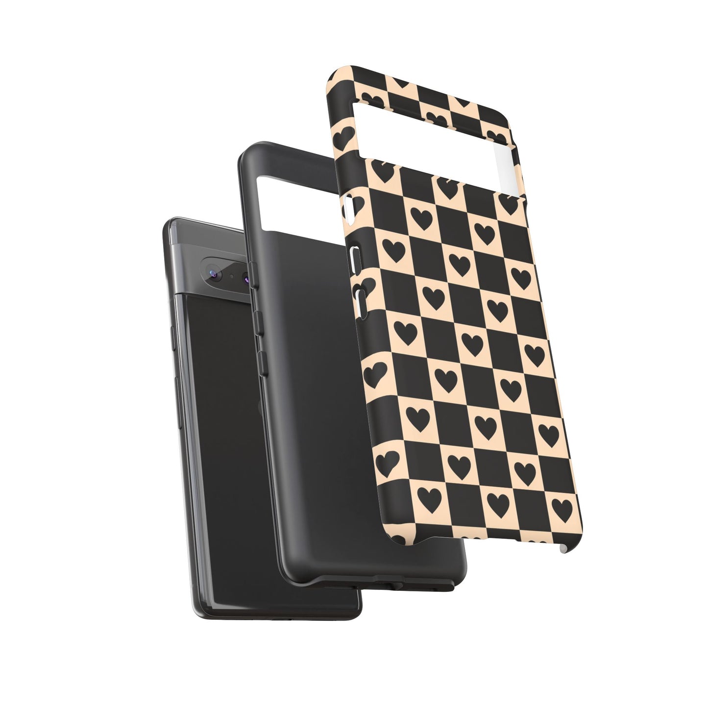 Checkerboard Heart Phone Case – Black & Beige Cute Aesthetic Protective Cover for Iphone, Samsung Galaxy and Pixel