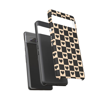Checkerboard Heart Phone Case – Black & Beige Cute Aesthetic Protective Cover for Iphone, Samsung Galaxy and Pixel
