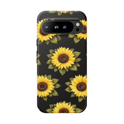 Sunflower Floral Tough Phone Case – Black Background Protective Cover for Iphone, Samsung Galaxy and Pixel