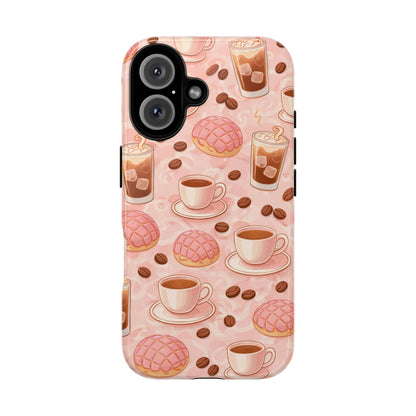 Cute Coffee & Pink Concha Phone Case – Coffee Lover Aesthetic Latte Pattern Tough Case