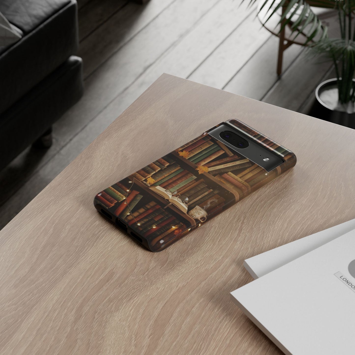 Cozy Vintage Bookshelf Phone Case, Library Aesthetic Book Stack, Autumn Coffee Vibes (iPhone, Samsung, Pixel)