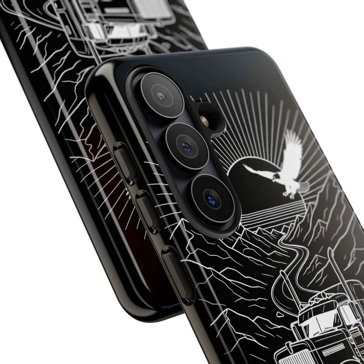 Trucker Highway Phone Case | Eagle & Mountain Line Art | Black Western Tough Case