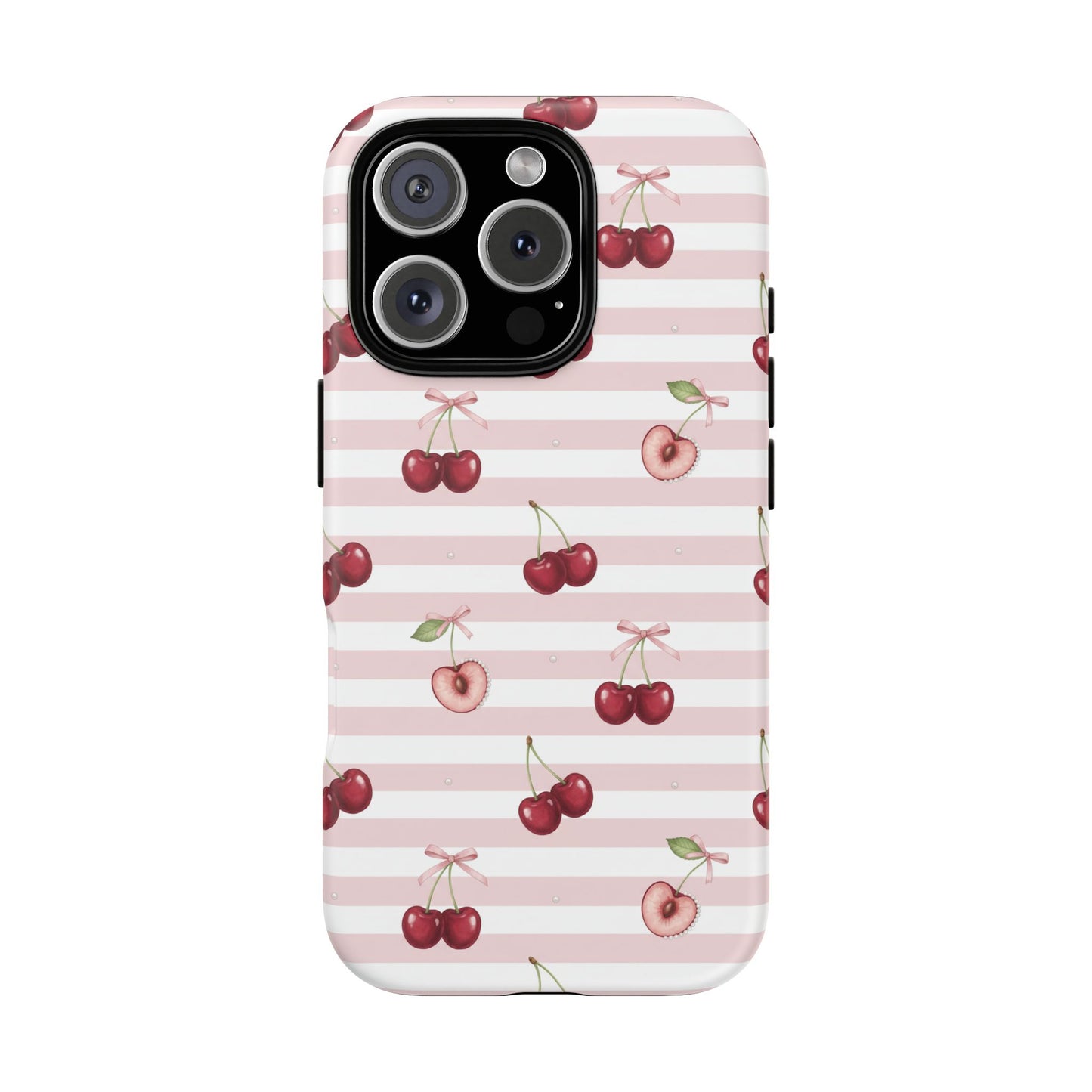 Pink Cherry Stripe Phone Case | Cute Coquette Aesthetic Protective Tough Case