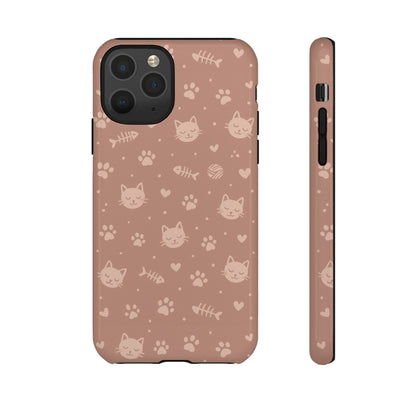 Cute Cat Pattern Phone Case | Paw Prints, Fishbone & Yarn Design Tough Case