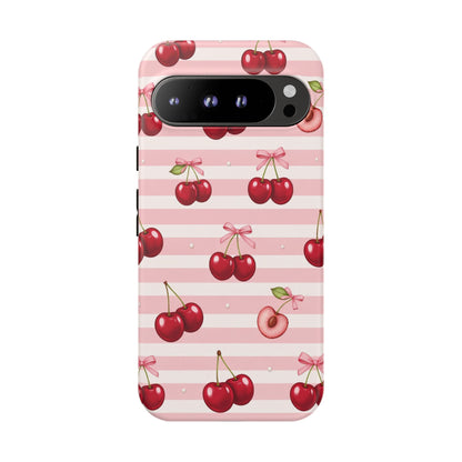 Coquette Cherry Bow Phone Case | Cute Pink Aesthetic Cherry Pattern Tough Case for iPhone & Samsung