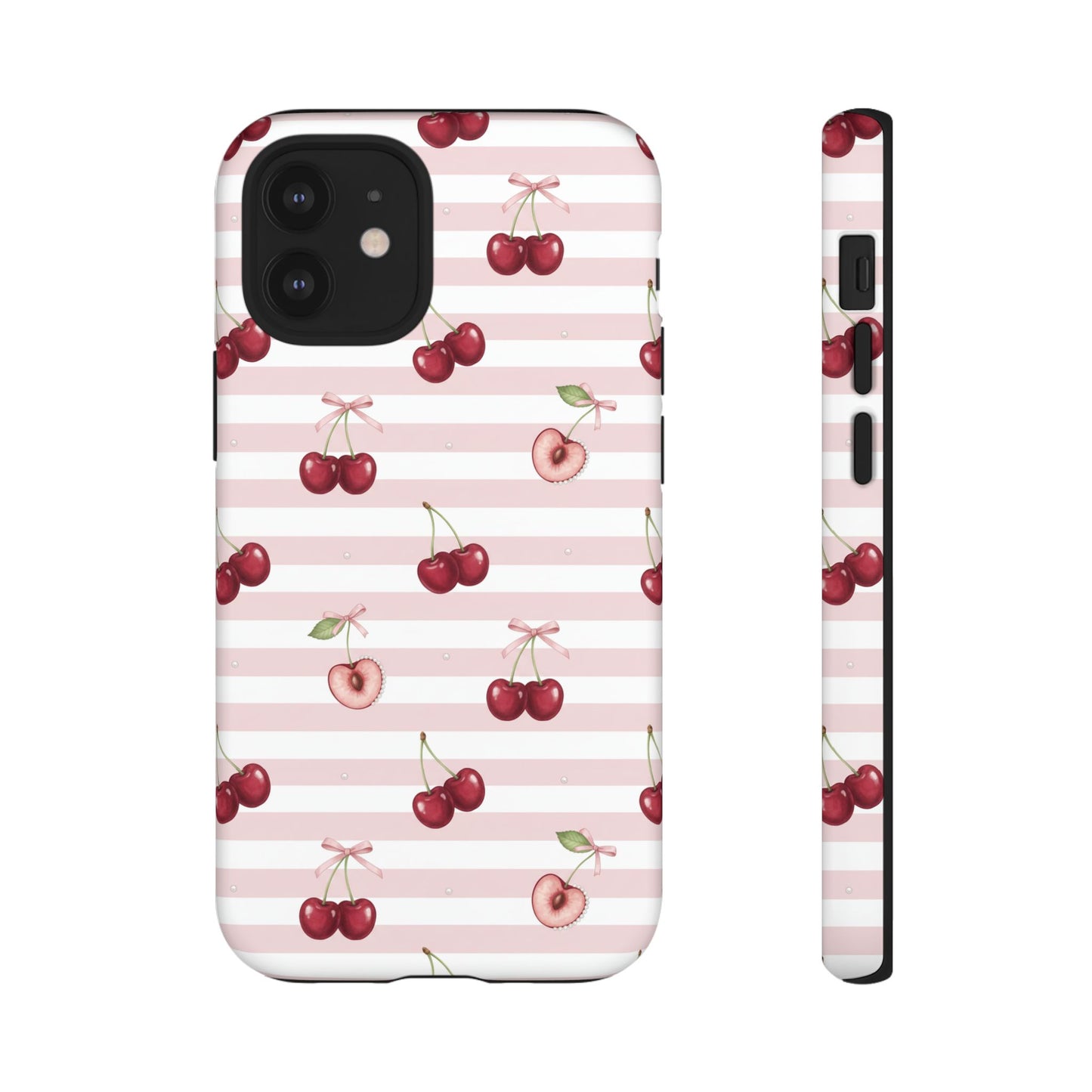 Pink Cherry Stripe Phone Case | Cute Coquette Aesthetic Protective Tough Case
