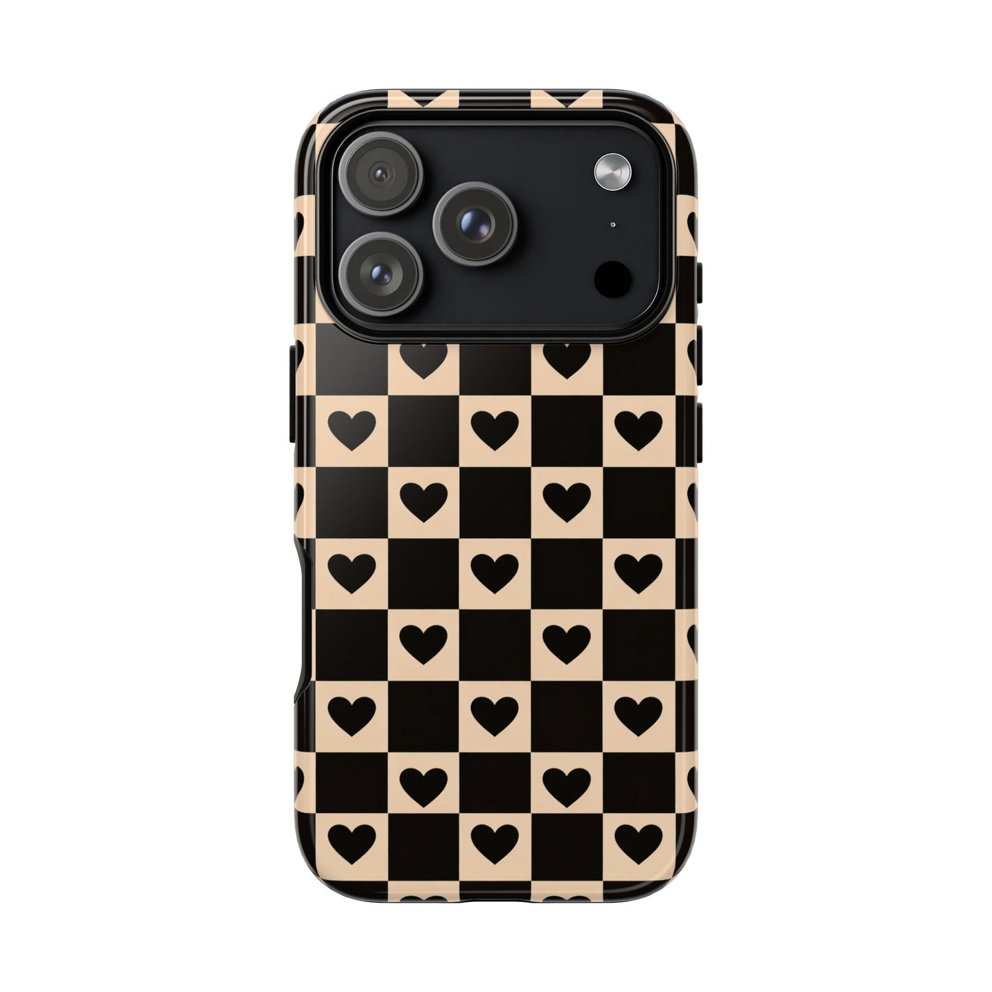 Checkerboard Heart Phone Case – Black & Beige Cute Aesthetic Protective Cover for Iphone, Samsung Galaxy and Pixel