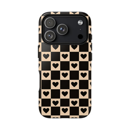 Checkerboard Heart Phone Case – Black & Beige Cute Aesthetic Protective Cover for Iphone, Samsung Galaxy and Pixel