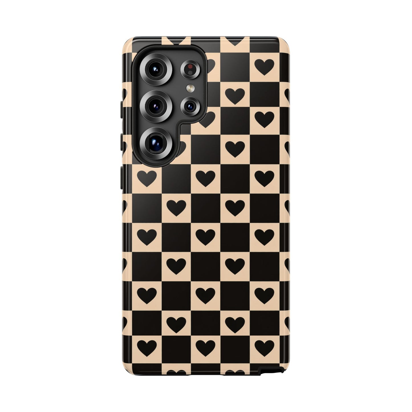 Checkerboard Heart Phone Case – Black & Beige Cute Aesthetic Protective Cover for Iphone, Samsung Galaxy and Pixel