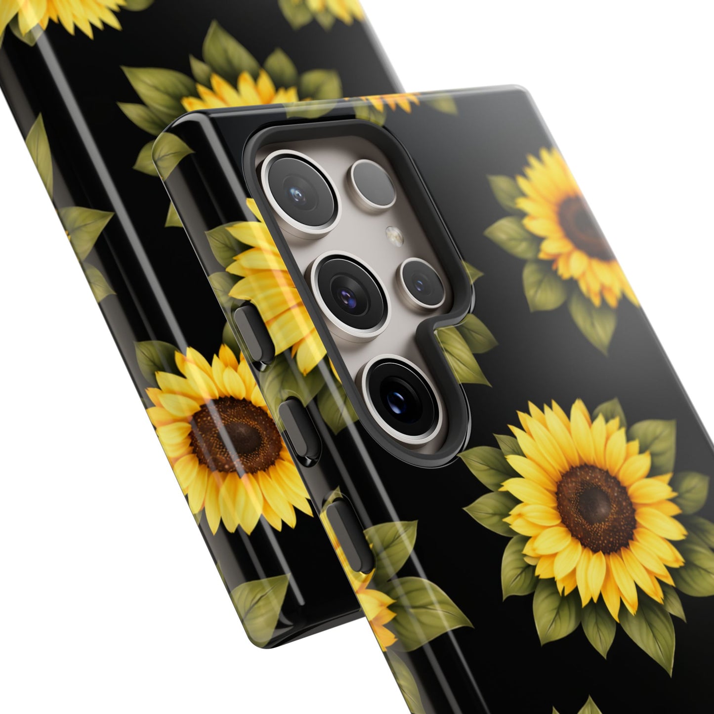 Sunflower Floral Tough Phone Case – Black Background Protective Cover for Iphone, Samsung Galaxy and Pixel