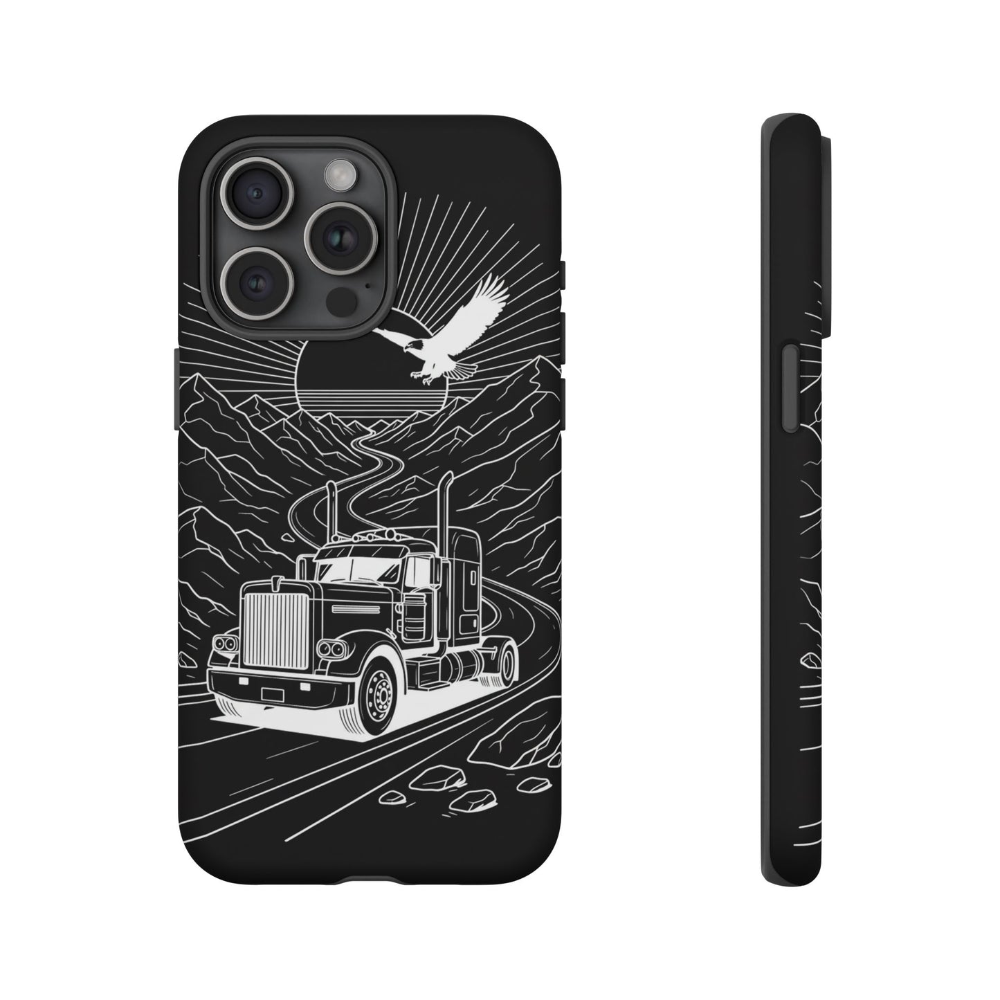Trucker Highway Phone Case | Eagle & Mountain Line Art | Black Western Tough Case