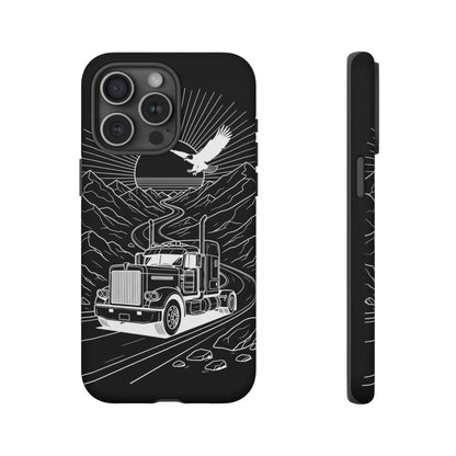 Trucker Highway Phone Case | Eagle & Mountain Line Art | Black Western Tough Case