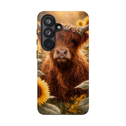 Highland Cow Sunflower Phone Case | Floral Farmhouse iPhone, Samsung Galaxy and Pixel Cover