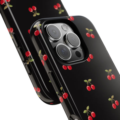 Cherry Pattern Phone Case — Slim Black Protective iPhone Case with Red Cherries for Iphone, Samsung Galaxy and Pixel