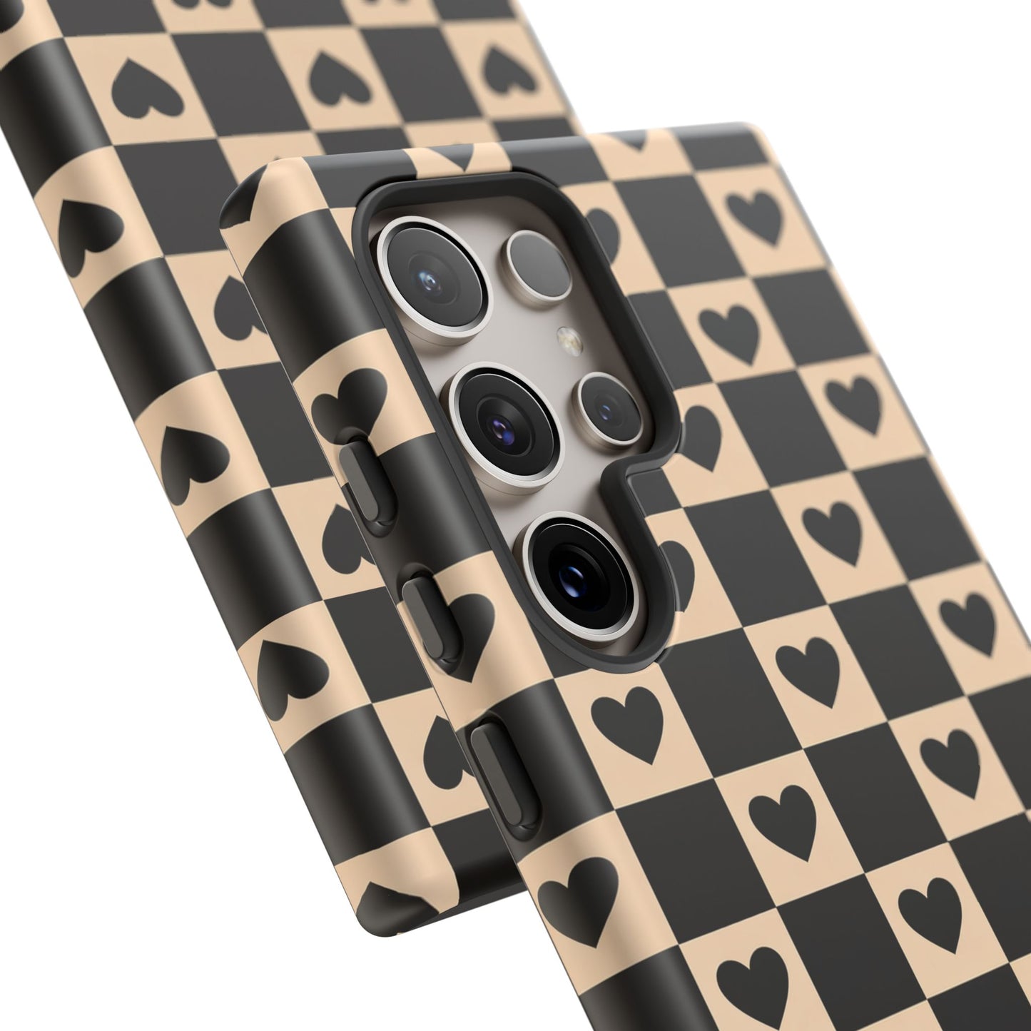 Checkerboard Heart Phone Case – Black & Beige Cute Aesthetic Protective Cover for Iphone, Samsung Galaxy and Pixel