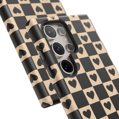 Checkerboard Heart Phone Case – Black & Beige Cute Aesthetic Protective Cover for Iphone, Samsung Galaxy and Pixel