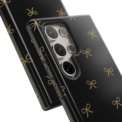 Black Phone Case with Gold Bow Pattern – Slim Protective Cute Aesthetic Cover for Iphone, Samsung Galaxy and Pixel
