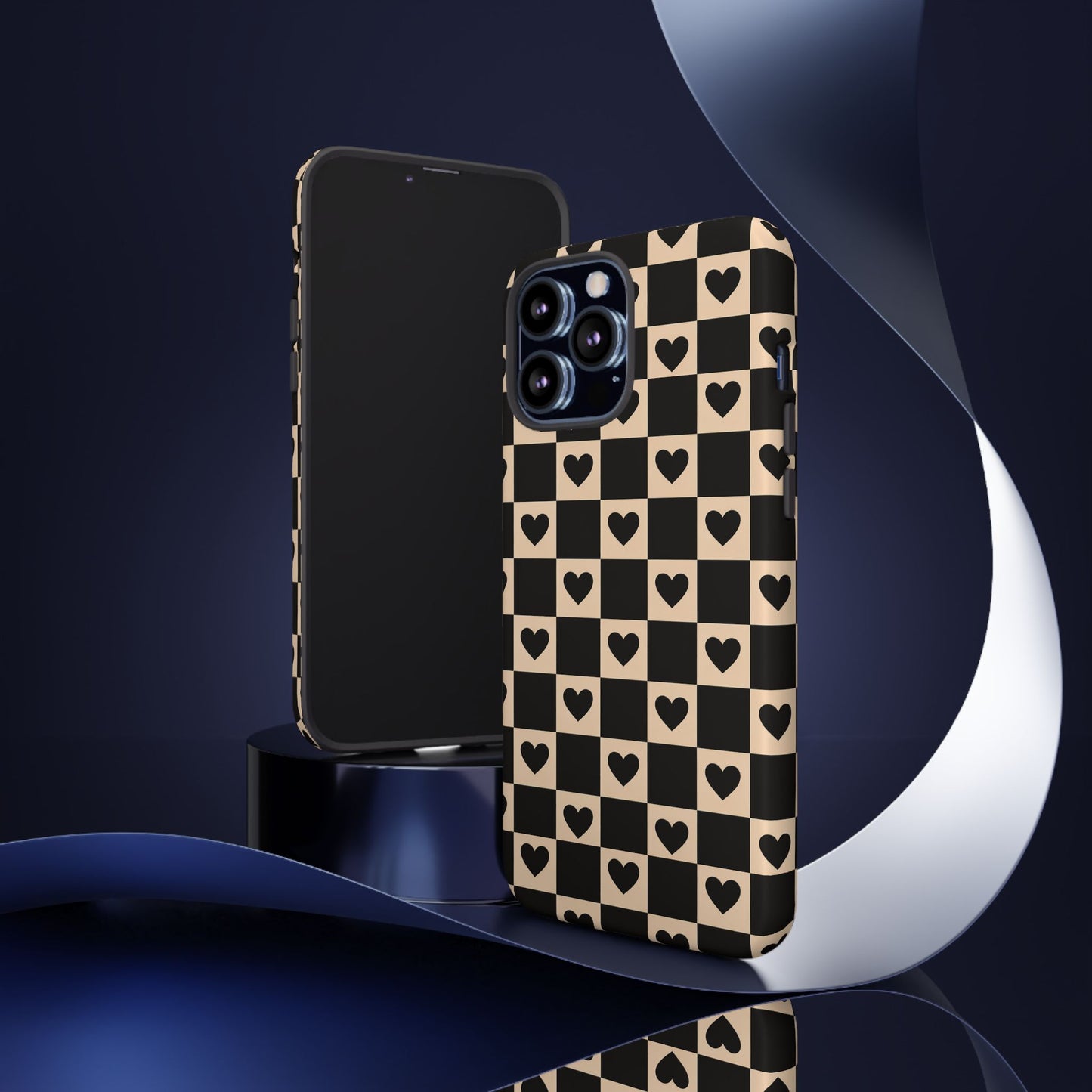 Checkerboard Heart Phone Case – Black & Beige Cute Aesthetic Protective Cover for Iphone, Samsung Galaxy and Pixel