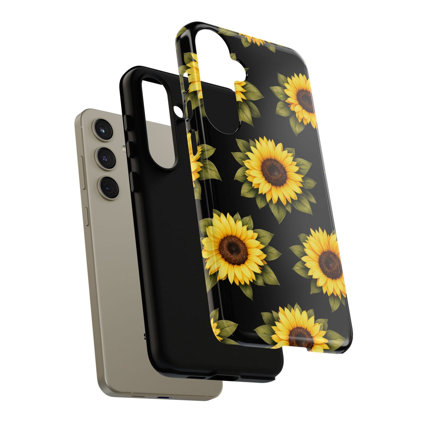 Sunflower Floral Tough Phone Case – Black Background Protective Cover for Iphone, Samsung Galaxy and Pixel