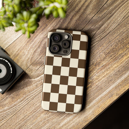Mocha Checkerboard Phone Case | Neutral Aesthetic Checkered iPhone & Samsung Tough Case