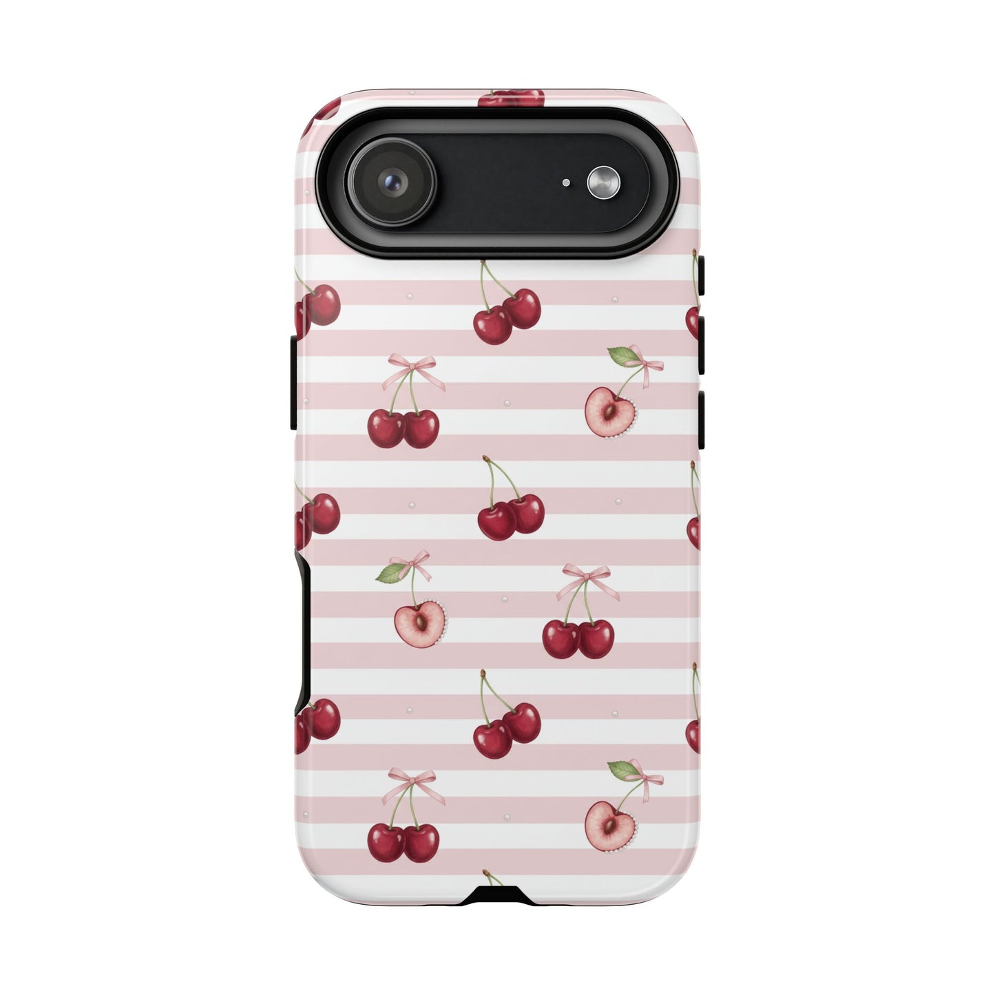 Pink Cherry Stripe Phone Case | Cute Coquette Aesthetic Protective Tough Case