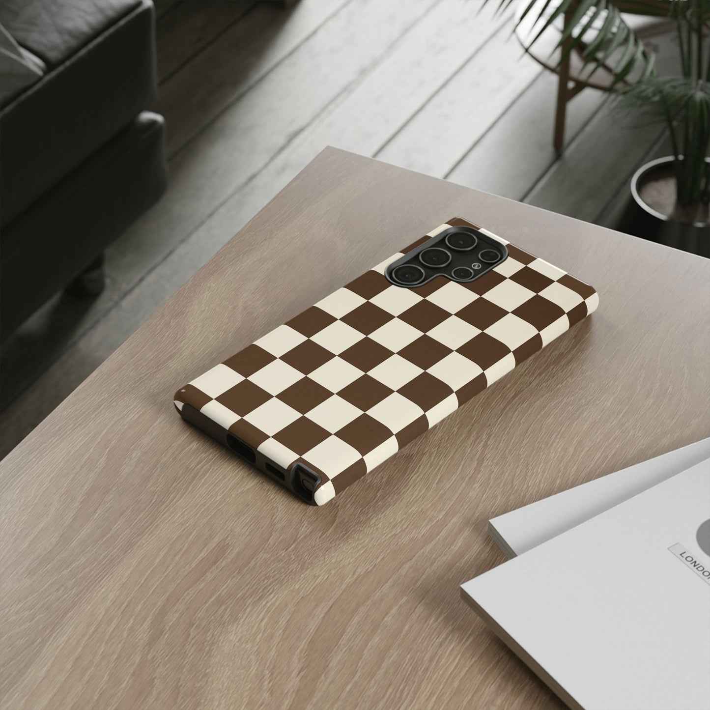 Mocha Checkerboard Phone Case | Neutral Aesthetic Checkered iPhone & Samsung Tough Case