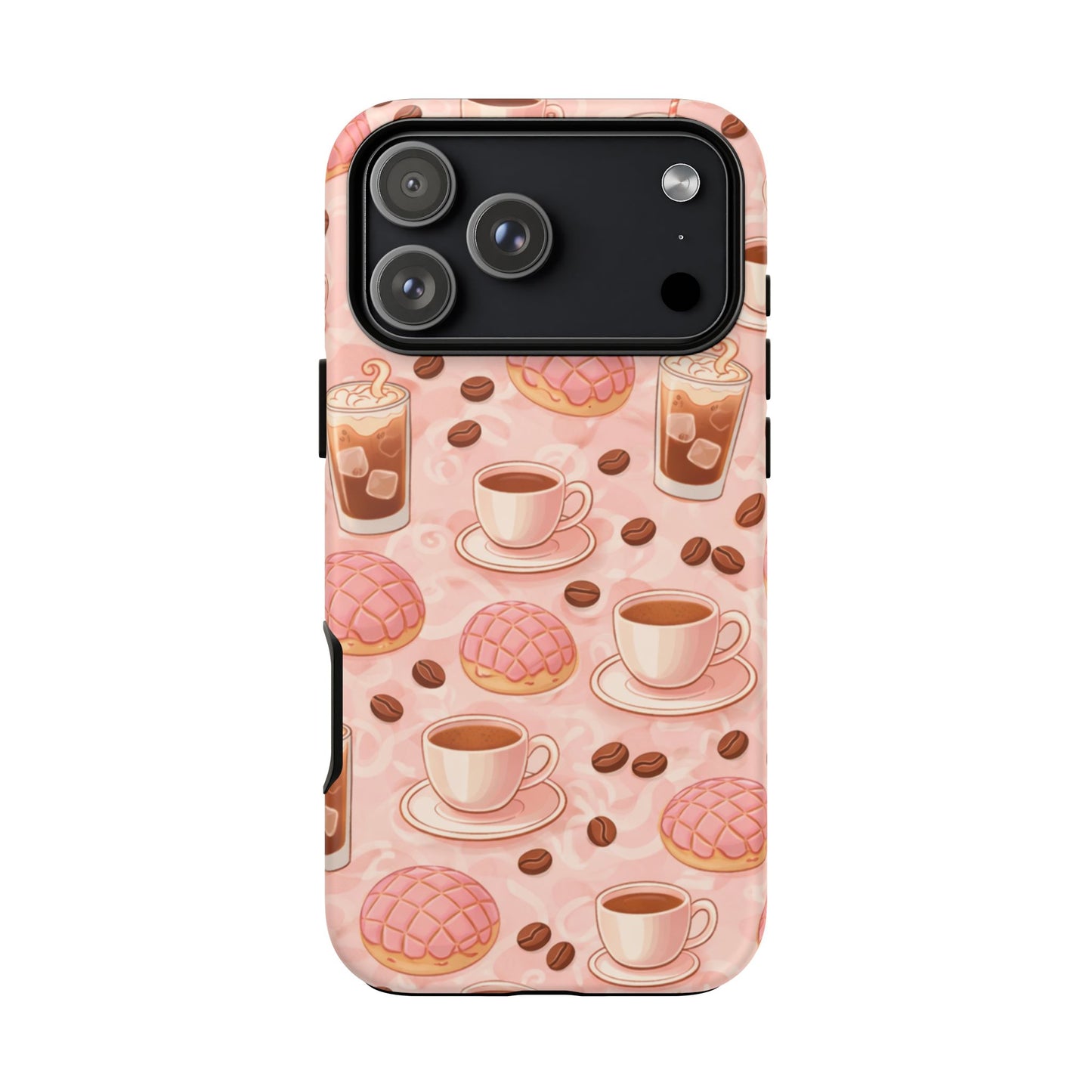 Cute Coffee & Pink Concha Phone Case – Coffee Lover Aesthetic Latte Pattern Tough Case