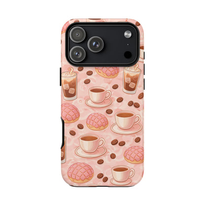 Cute Coffee & Pink Concha Phone Case – Coffee Lover Aesthetic Latte Pattern Tough Case