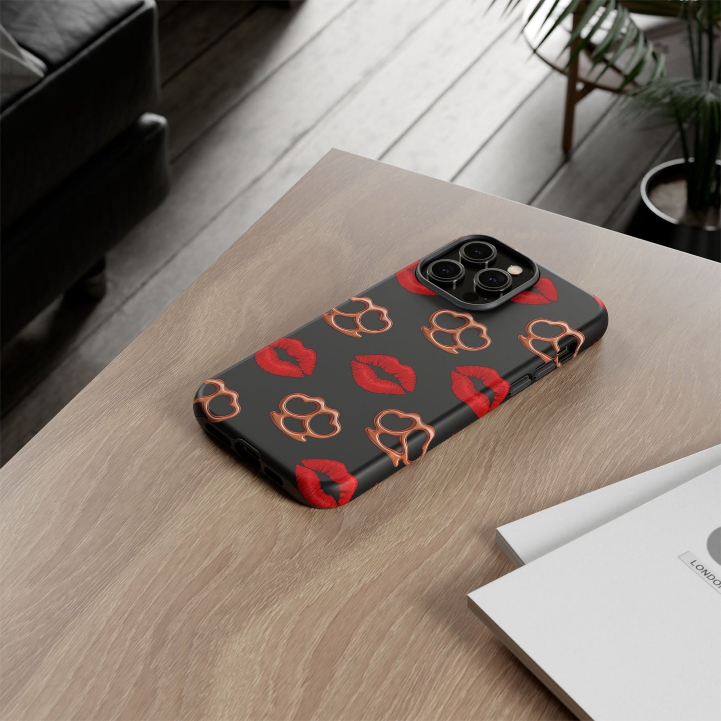 Red Lipstick & Knuckle Duster Phone Case | Bold Kiss Print Tough Protective Cover for Iphone, Samsung Galaxy and Pixel