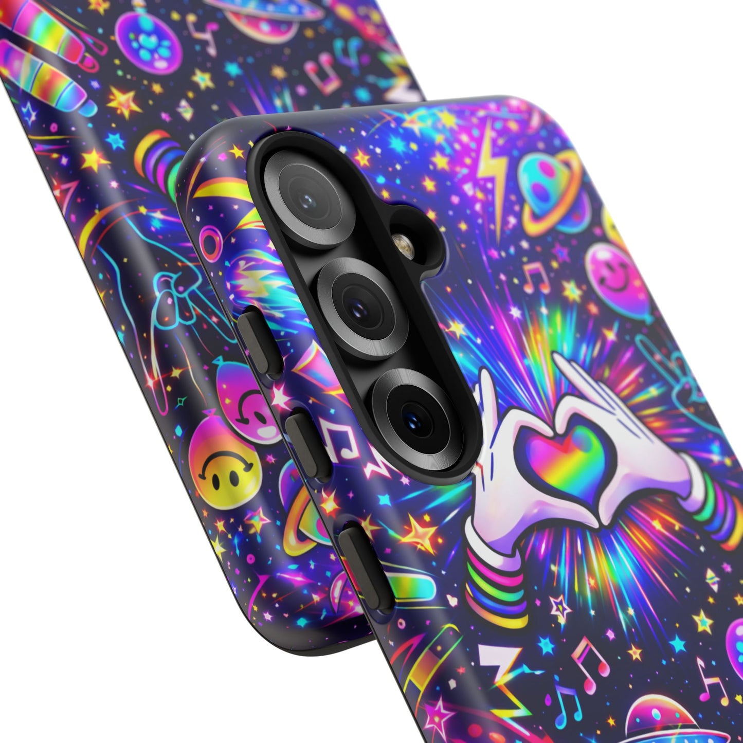 Rainbow Heart Hands Phone Case – Neon Galaxy EDM Festival Tough Cover