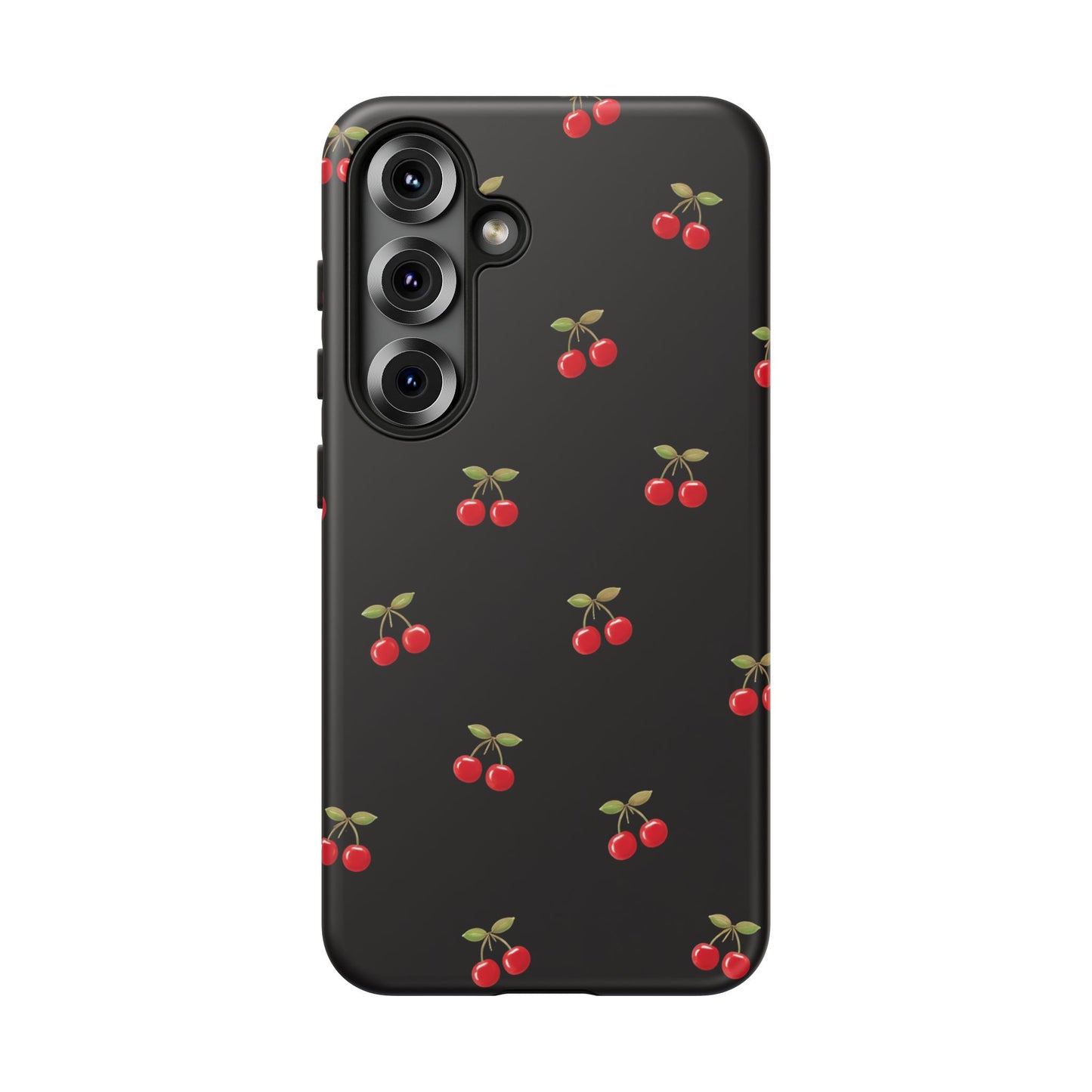 Cherry Pattern Phone Case — Slim Black Protective iPhone Case with Red Cherries for Iphone, Samsung Galaxy and Pixel