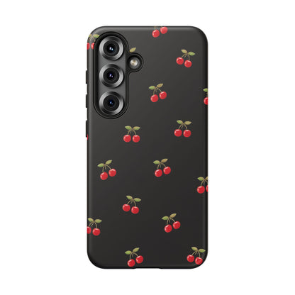 Cherry Pattern Phone Case — Slim Black Protective iPhone Case with Red Cherries for Iphone, Samsung Galaxy and Pixel