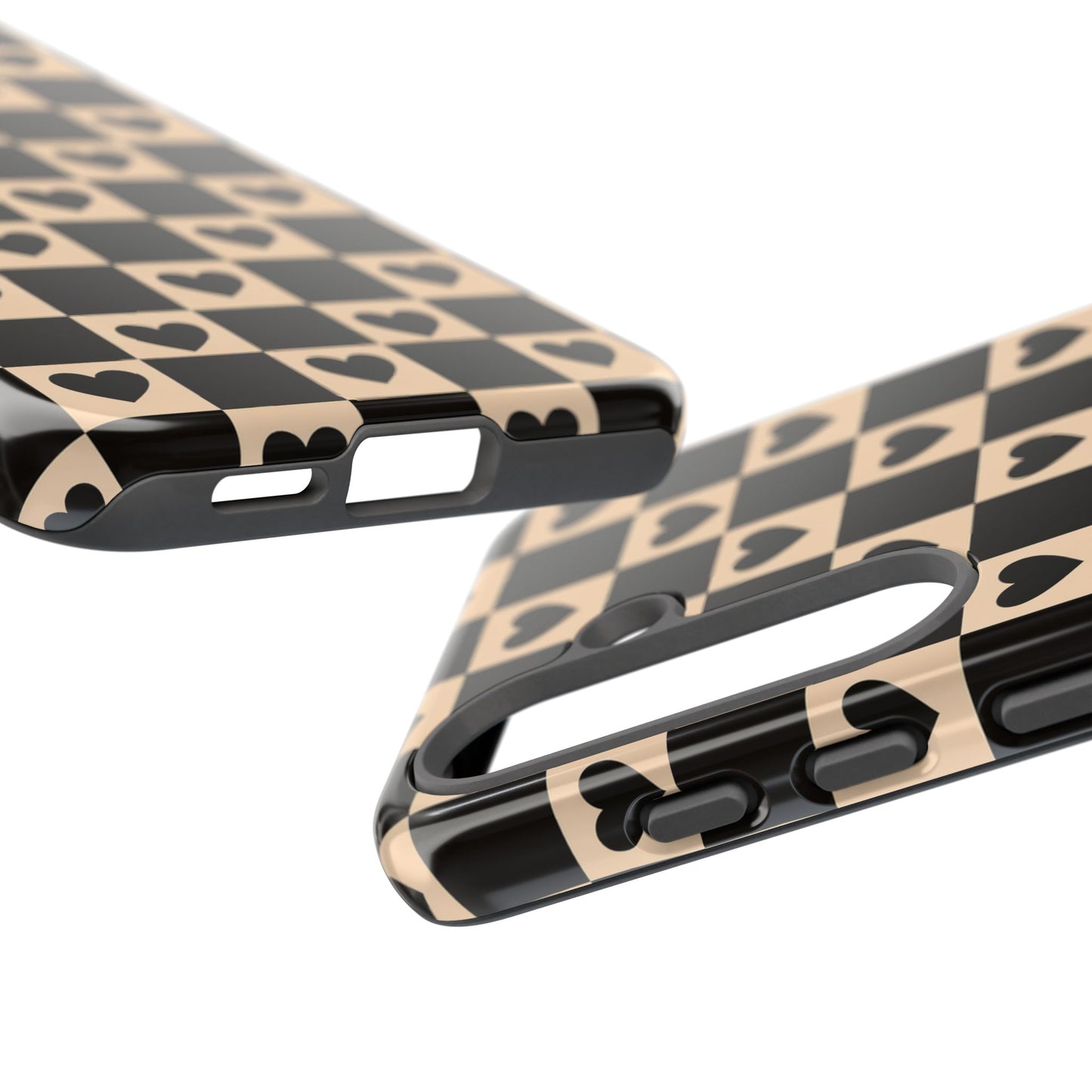 Checkerboard Heart Phone Case – Black & Beige Cute Aesthetic Protective Cover for Iphone, Samsung Galaxy and Pixel