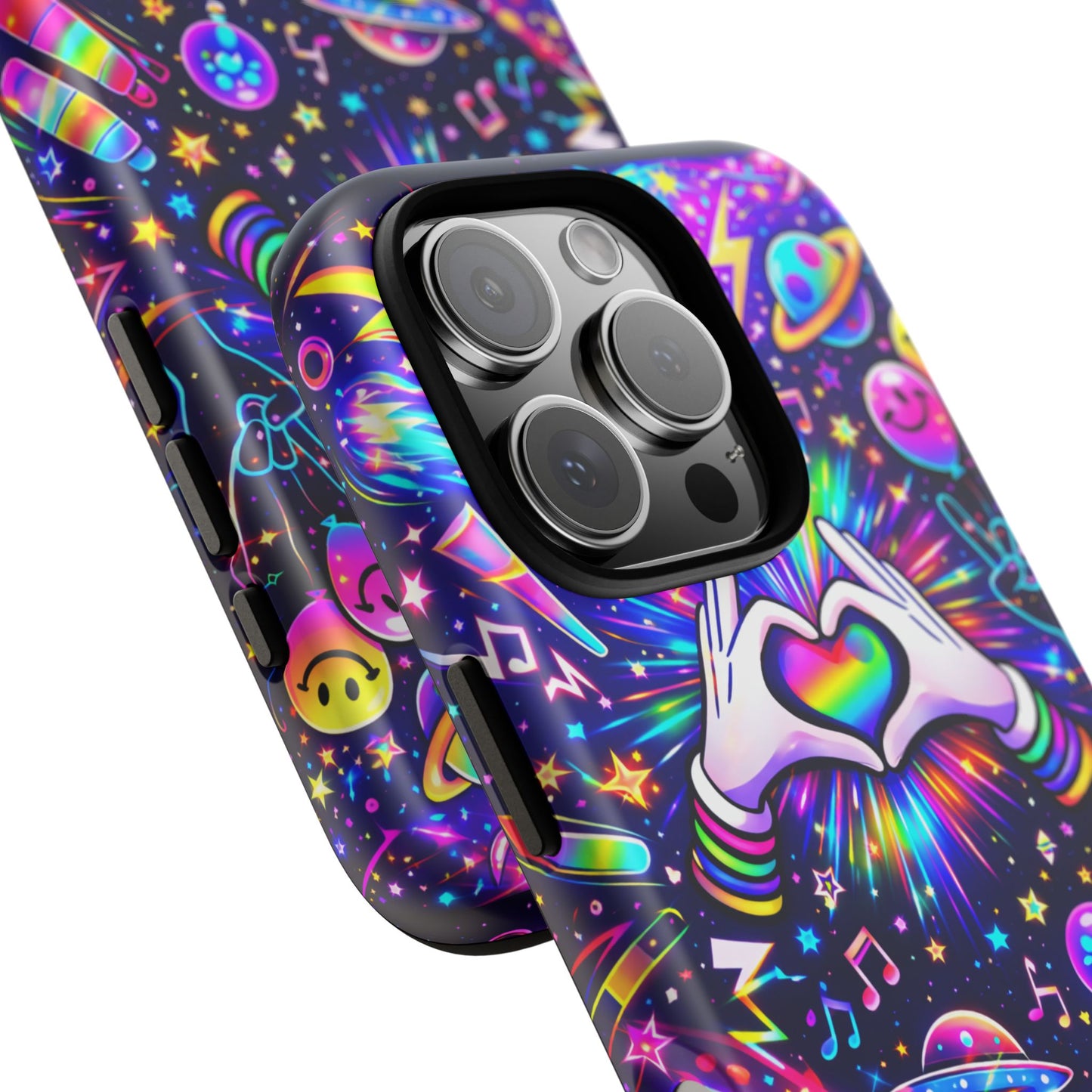 Rainbow Heart Hands Phone Case – Neon Galaxy EDM Festival Tough Cover