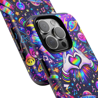 Rainbow Heart Hands Phone Case – Neon Galaxy EDM Festival Tough Cover