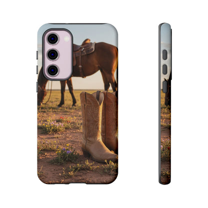 Western Cowboy Boots Phone Case – Rustic Horse Sunset Tough Case (iPhone, Samsung, Pixel)