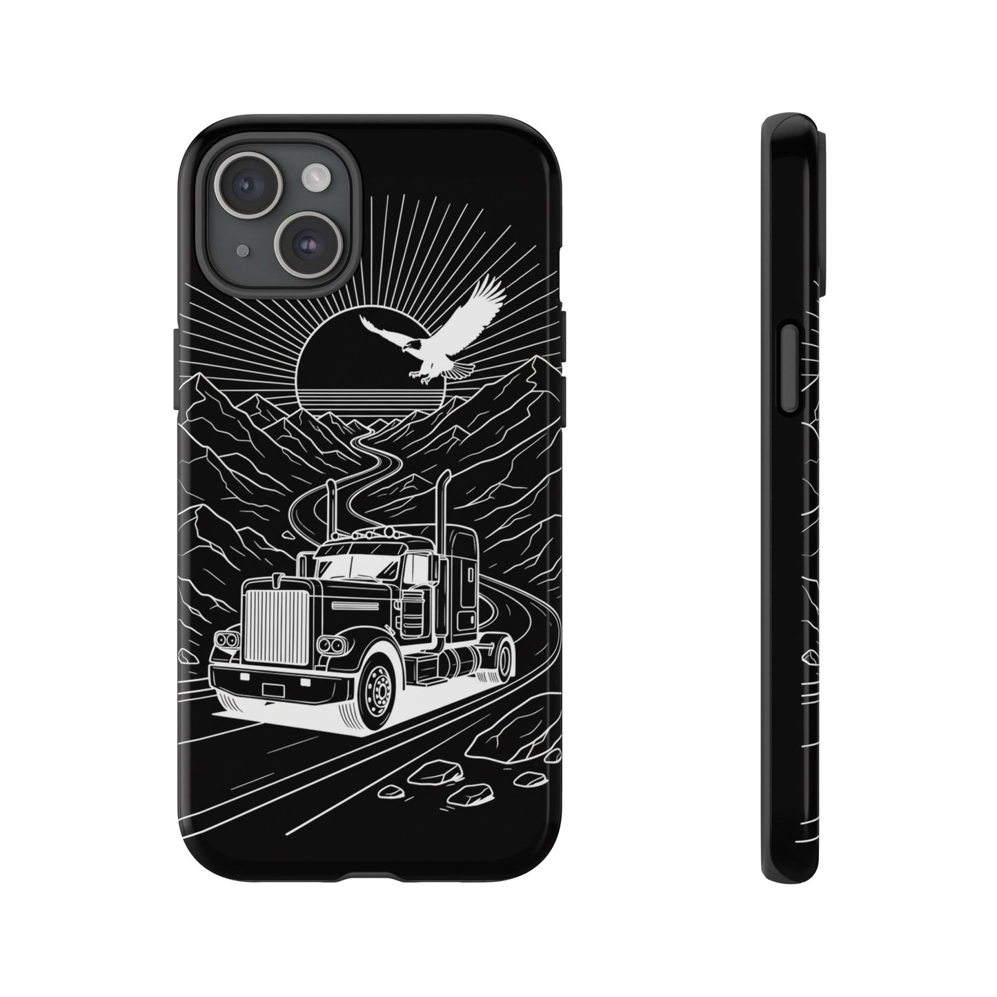 Trucker Highway Phone Case | Eagle & Mountain Line Art | Black Western Tough Case