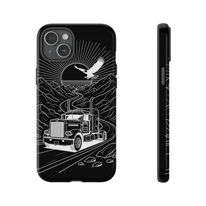 Trucker Highway Phone Case | Eagle & Mountain Line Art | Black Western Tough Case