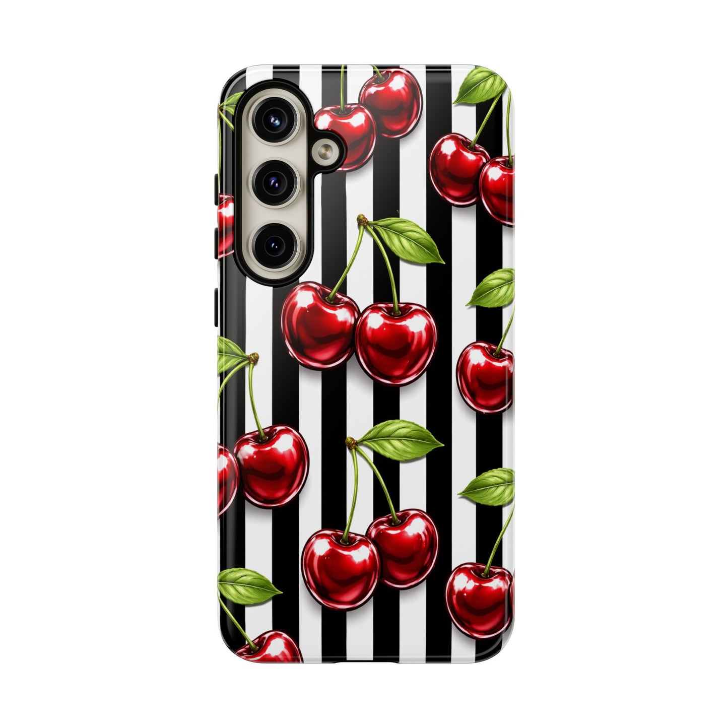 Cherry Pattern Phone Case Black White Stripe Retro Aesthetic Tough Cover