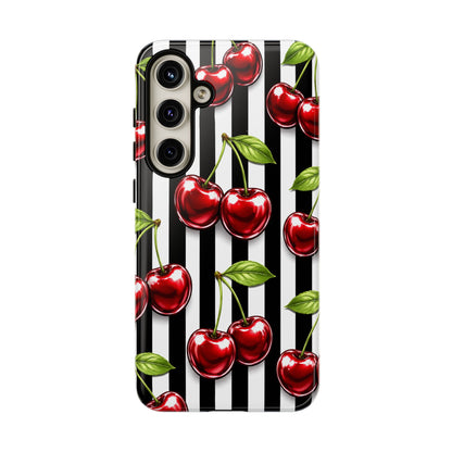 Cherry Pattern Phone Case Black White Stripe Retro Aesthetic Tough Cover