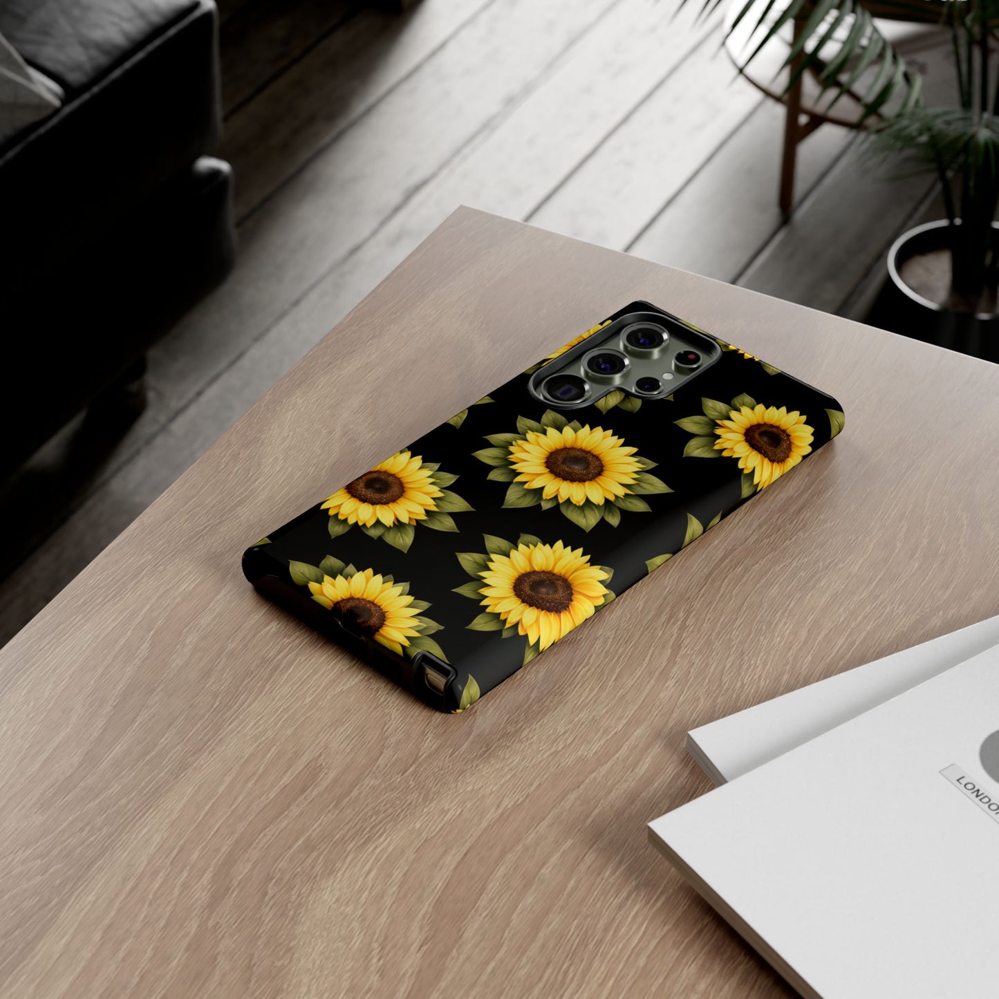 Sunflower Floral Tough Phone Case – Black Background Protective Cover for Iphone, Samsung Galaxy and Pixel