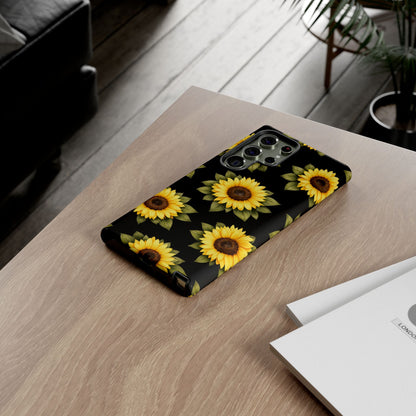 Sunflower Floral Tough Phone Case – Black Background Protective Cover for Iphone, Samsung Galaxy and Pixel