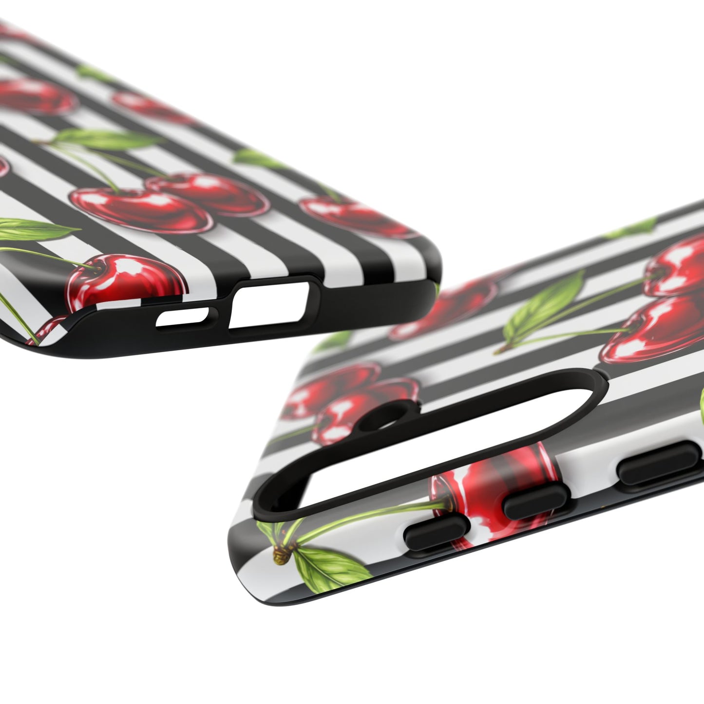 Cherry Pattern Phone Case Black White Stripe Retro Aesthetic Tough Cover
