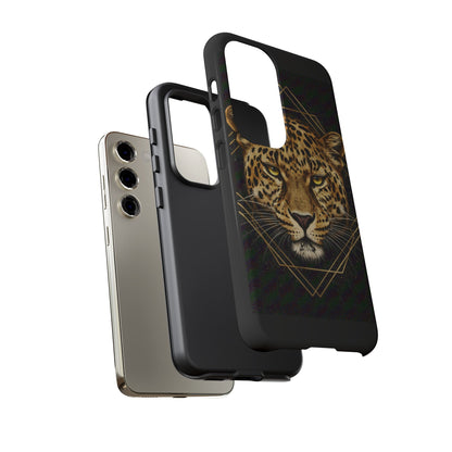 Leopard Head Geometric Phone Case – Black & Gold Luxe Tough Case