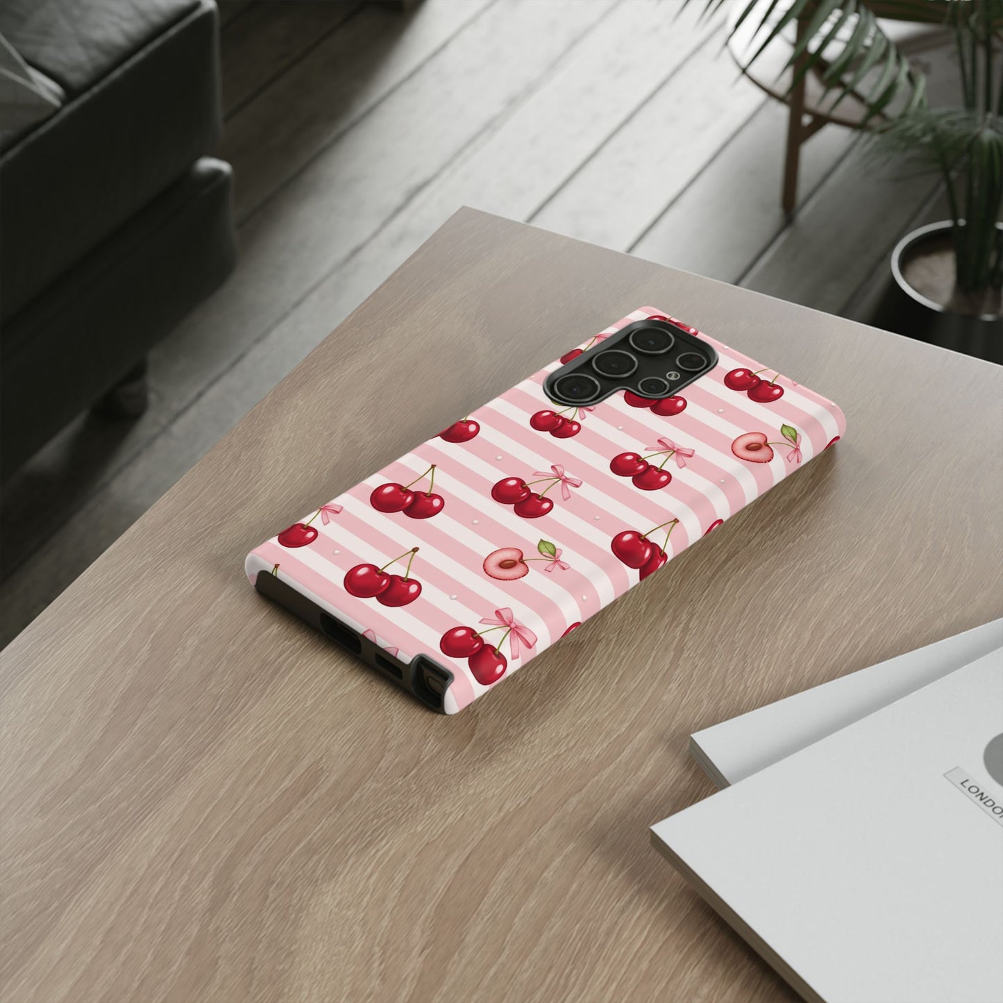 Coquette Cherry Bow Phone Case | Cute Pink Aesthetic Cherry Pattern Tough Case for iPhone & Samsung